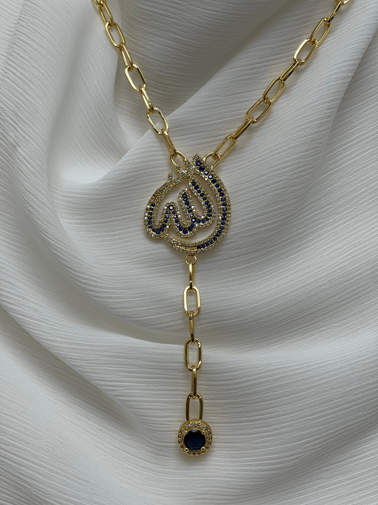 Gold Allah name necklace with blue and clear stones on detailed chain from Palestinian Elegance