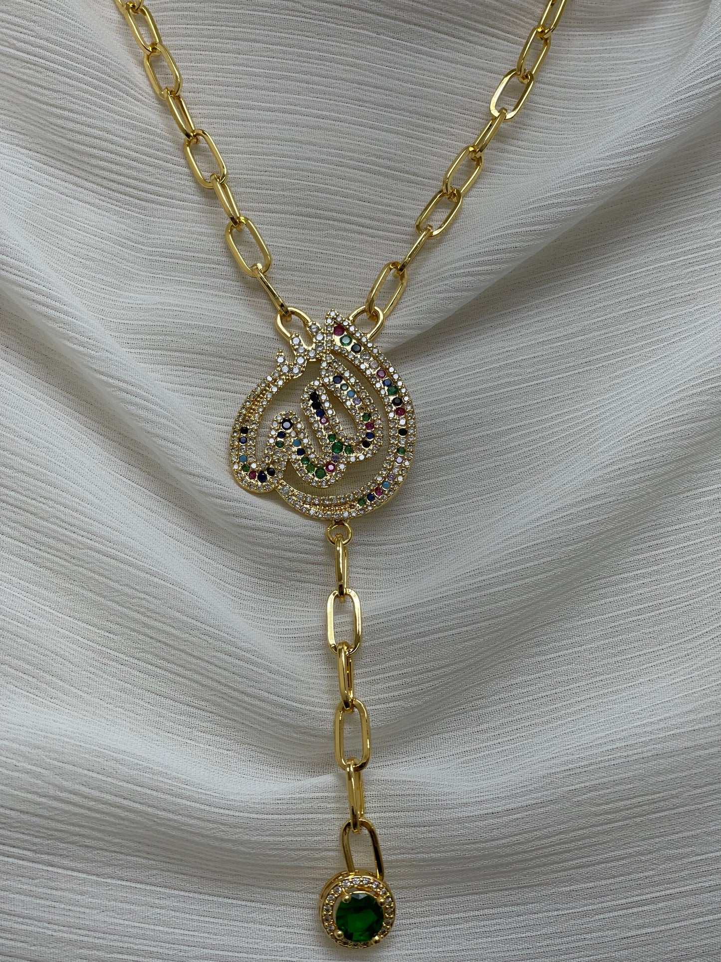 Gold Allah name necklace with multicolor stones and green pendant from Palestinian Elegance accessories