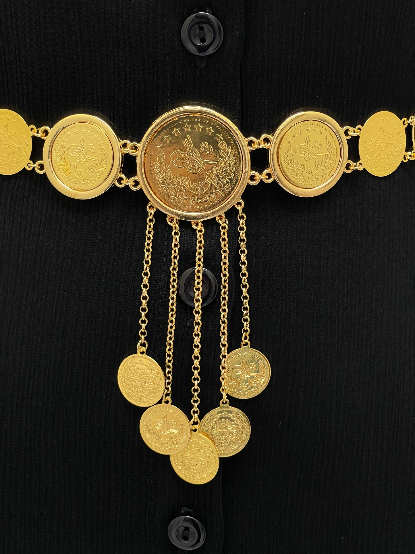 Lerat Belt with Mkhamas Imitated Gold by Palestinian Elegance featuring round coin medallions and chain tassels