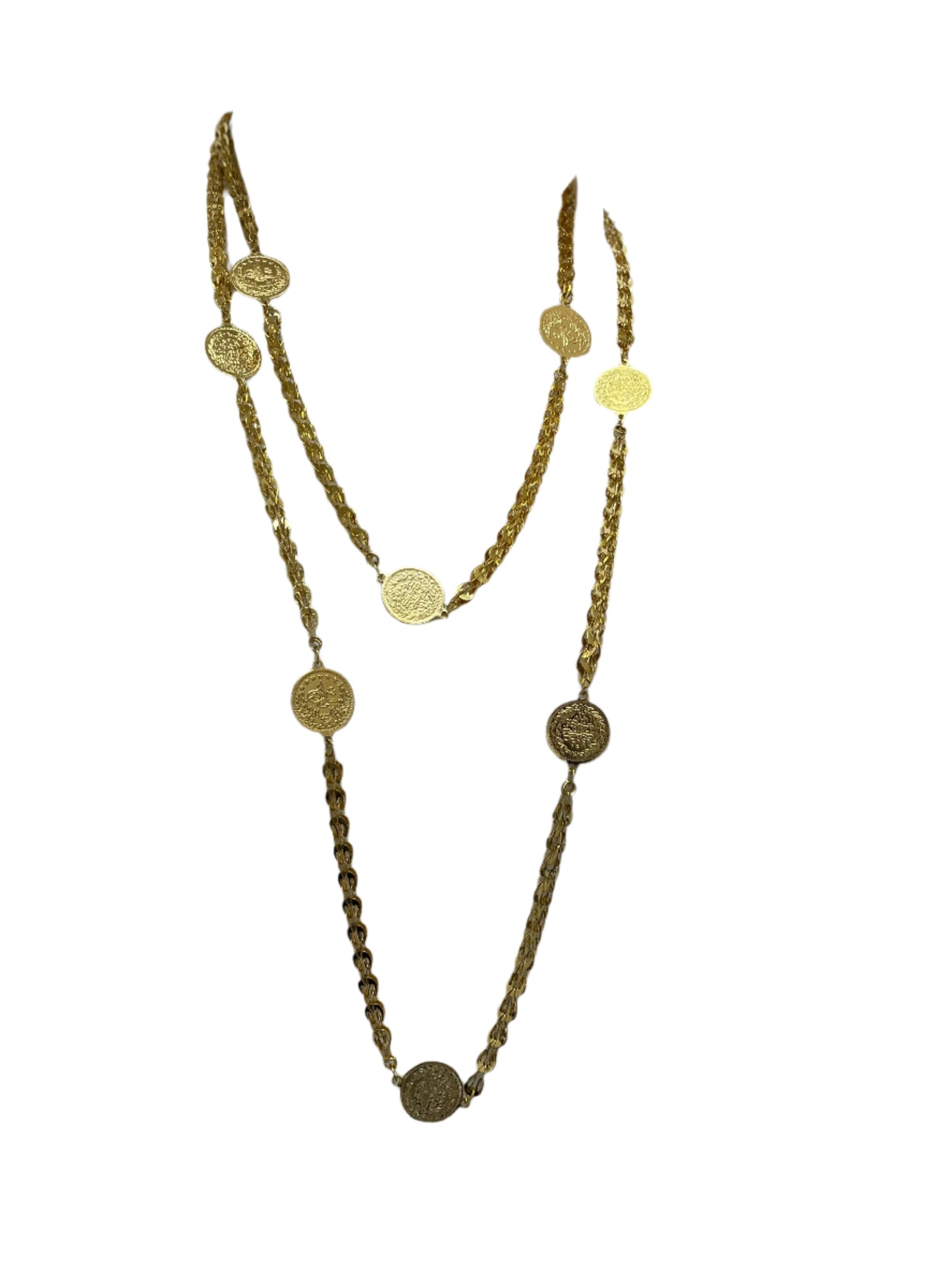 Palestinian coin necklace with multiple coin pendants on a braided chain by Palestinian Elegance