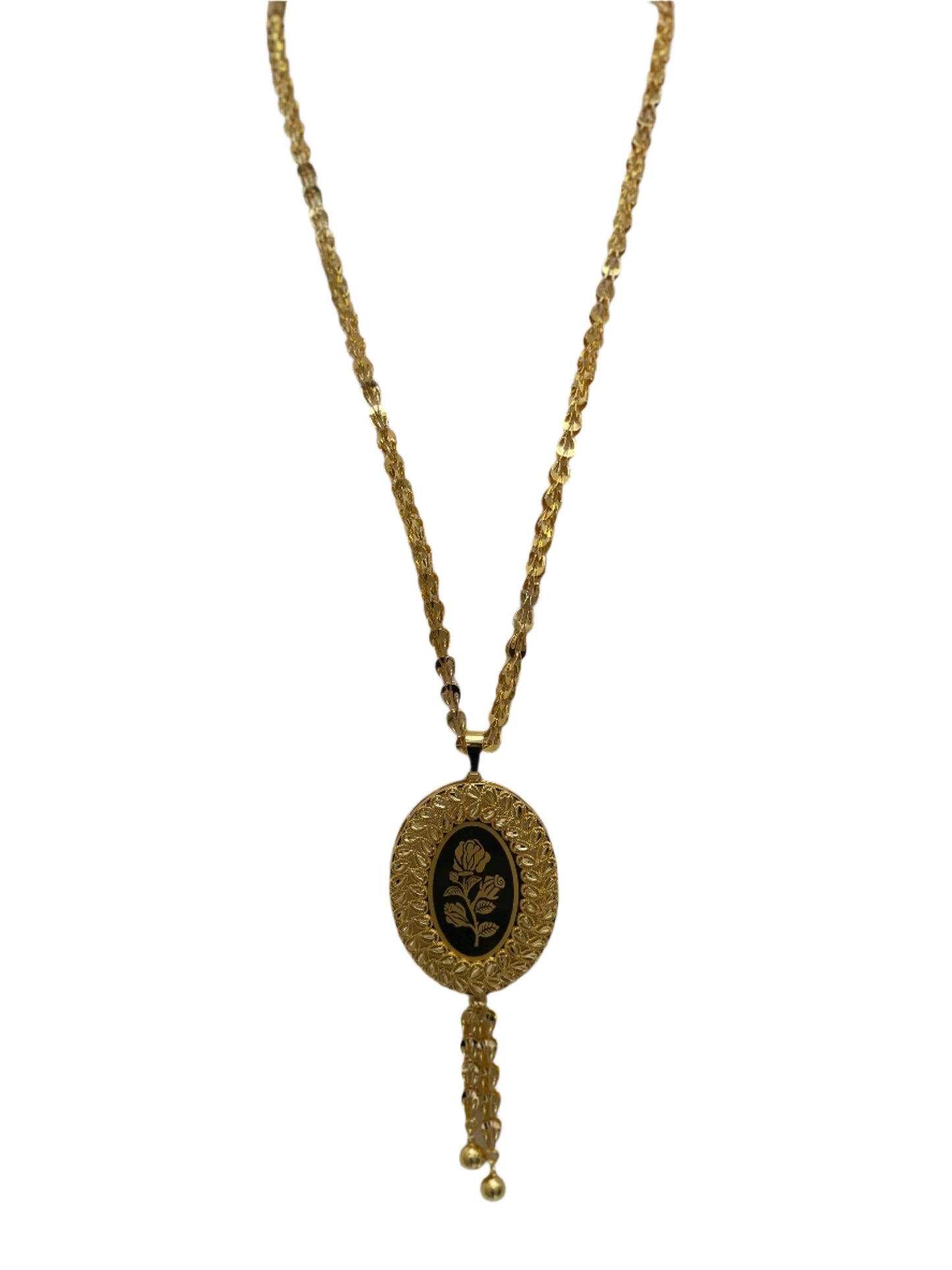 Palestinian Elegance long rose pendant necklace with gold chain and detailed floral oval pendant