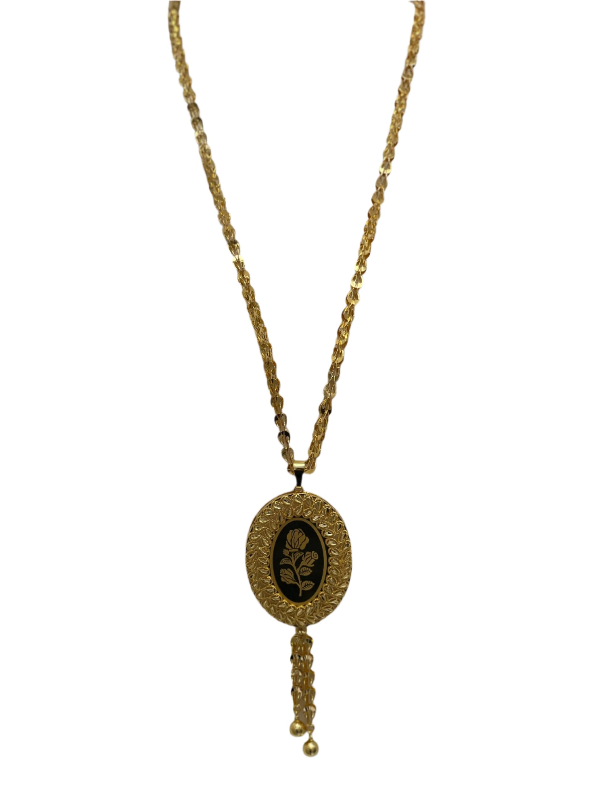 Palestinian Elegance long rose pendant necklace with gold chain and detailed floral oval pendant