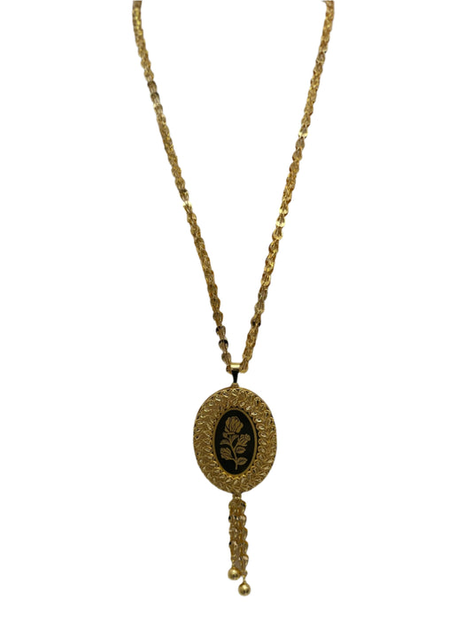 Palestinian Elegance long rose pendant necklace with gold chain and detailed floral oval pendant