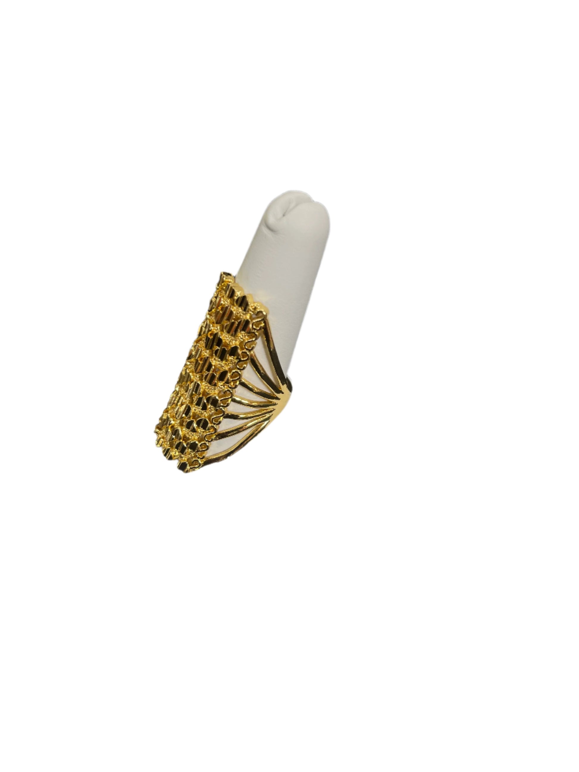 Elegant gold layered ring from Palestinian Elegance with intricate imitated gold design on white display
