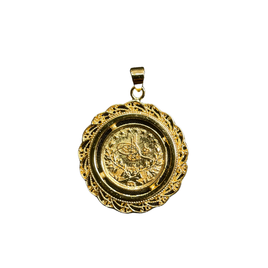 Elegant gold necklace pendant in imitated gold with intricate circular design by Palestinian Elegance