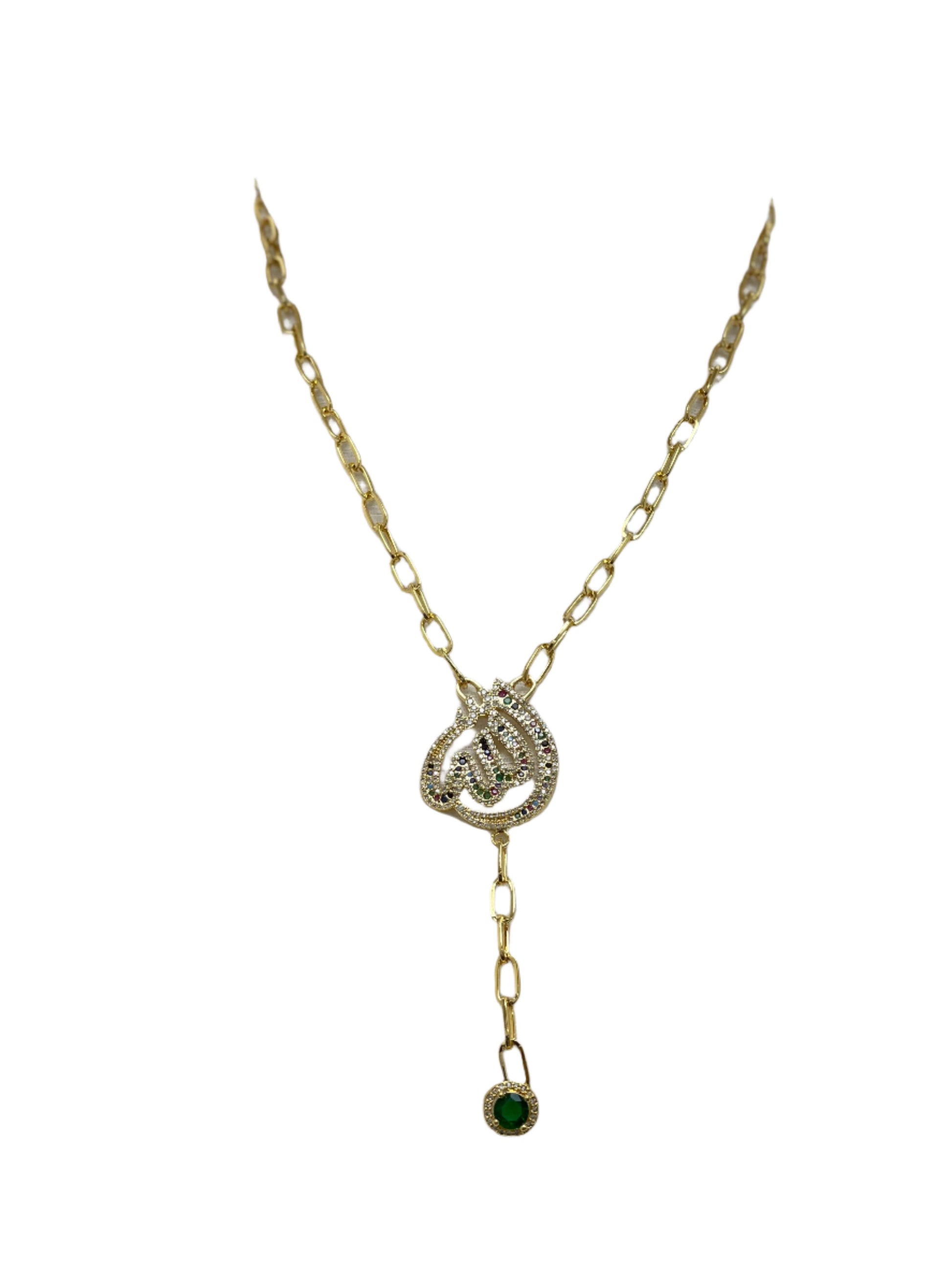 Delicate Allah name necklace from Palestinian Elegance with gold chain and emerald pendant charm
