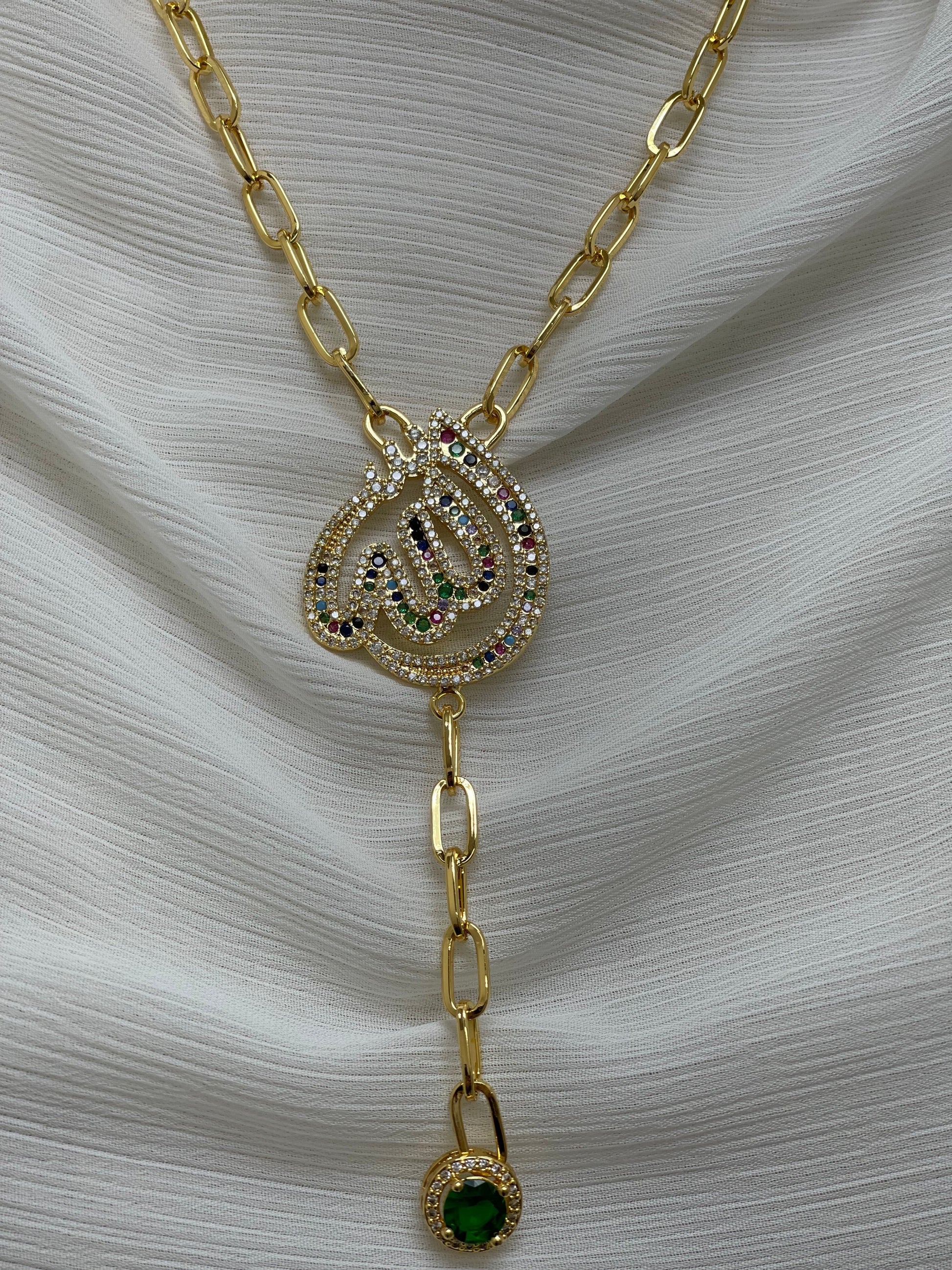 Gold Allah name necklace with multicolor stones and green pendant from Palestinian Elegance accessories