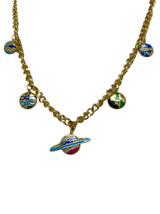 Palestinian Elegance multicolor planet necklace with gold chain and colorful planet charms
