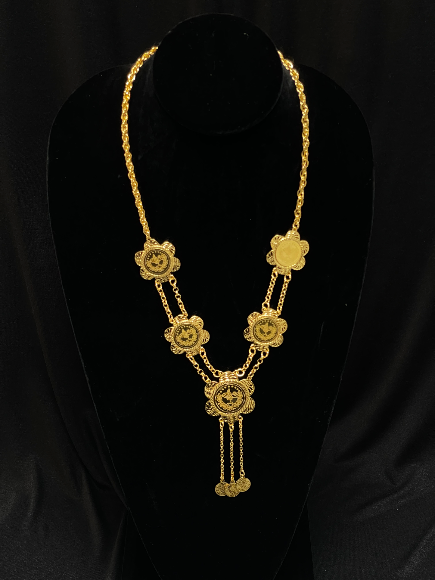 Palestinian Elegance imitated gold Gold Coin Necklace Set with decorative coin pendants on black display