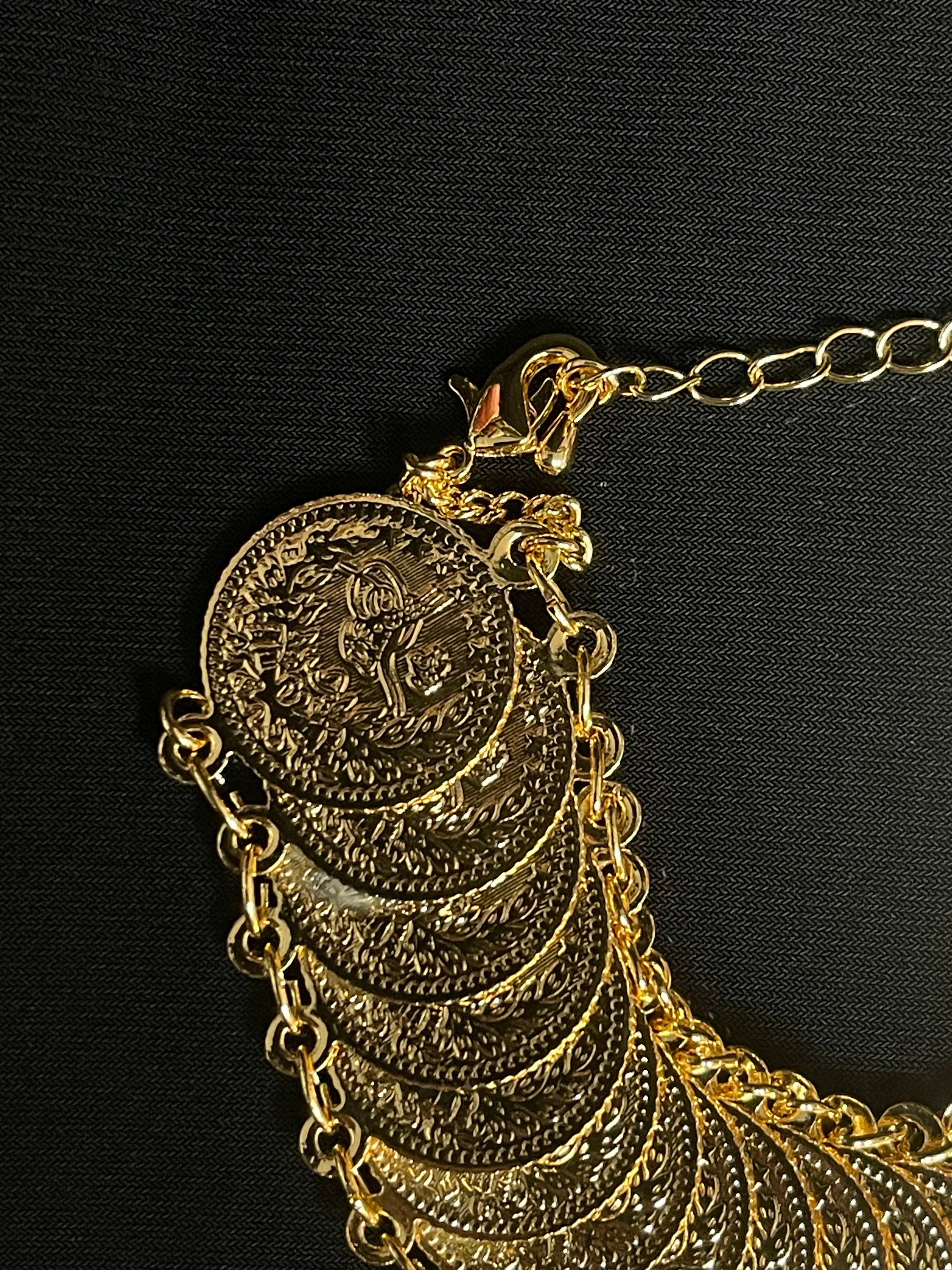 Gold imitated with palestine traditional design necklace featuring layered coin pendants and chain links