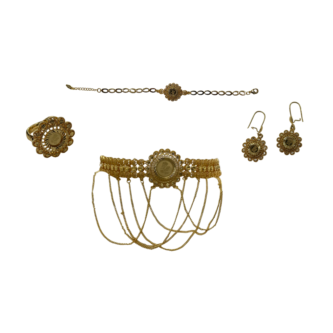 Palestinian Elegance gold jewelry set for women with ring, bracelet, earrings, and layered chain design