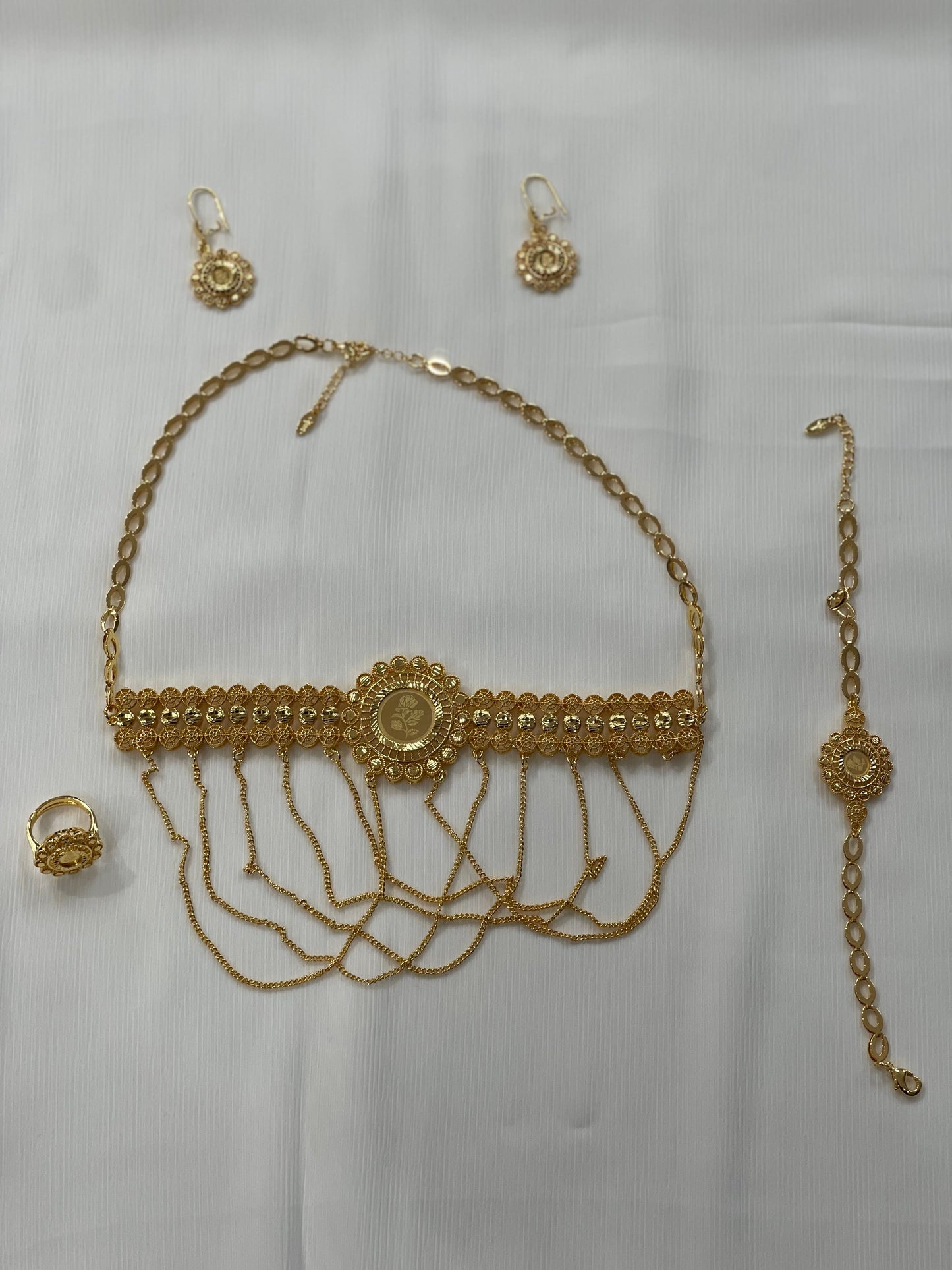 Palestinian Elegance gold jewelry set for women including necklace bracelet ring and earrings with intricate designs