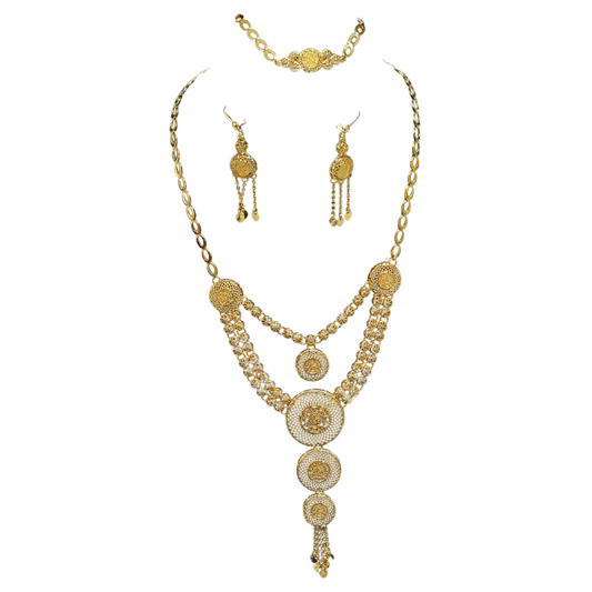 Palestinian Elegance gold layered necklace set with intricate round pendants and matching bracelet and earrings