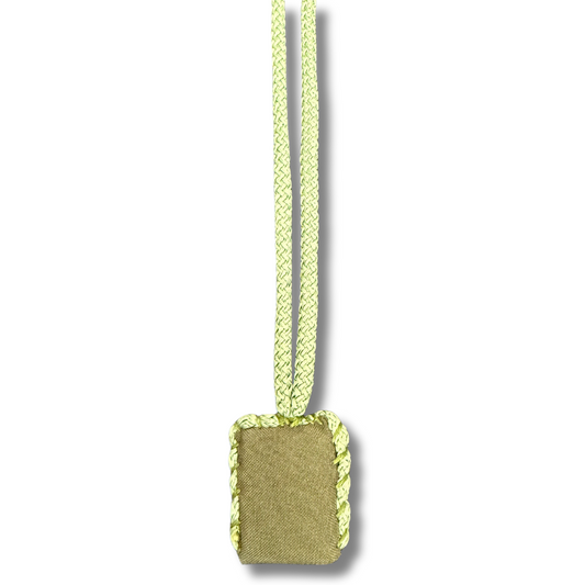 Palestinian Elegance green embroidered necklace with a rectangular pendant and braided cord
