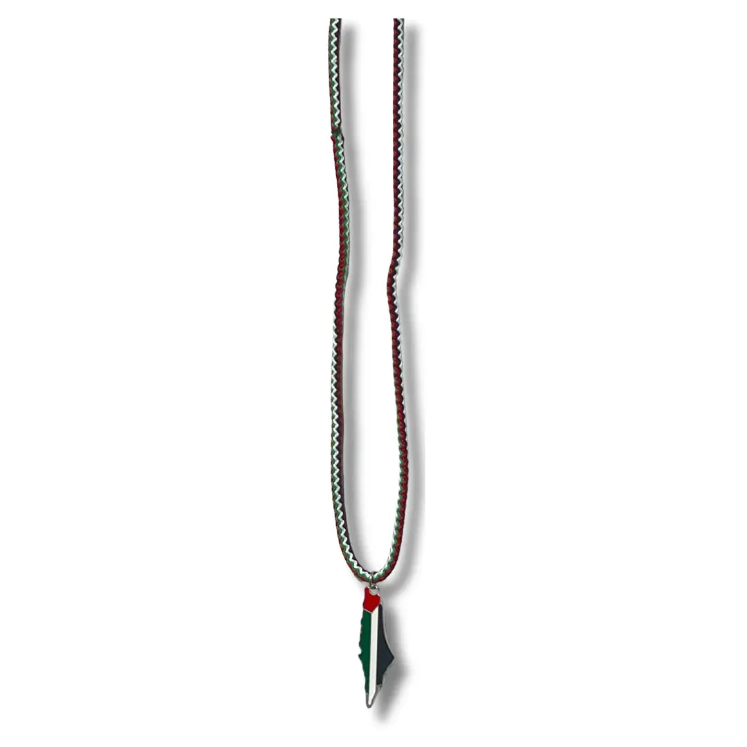 Handmade Palestinian silver necklace with a colorful pendant and intricate woven cord by Palestinian Elegance