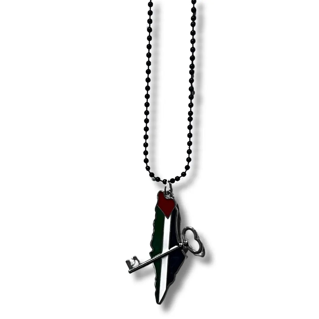 Handmade Palestinian silver necklace with map pendant and key charm on black beaded chain