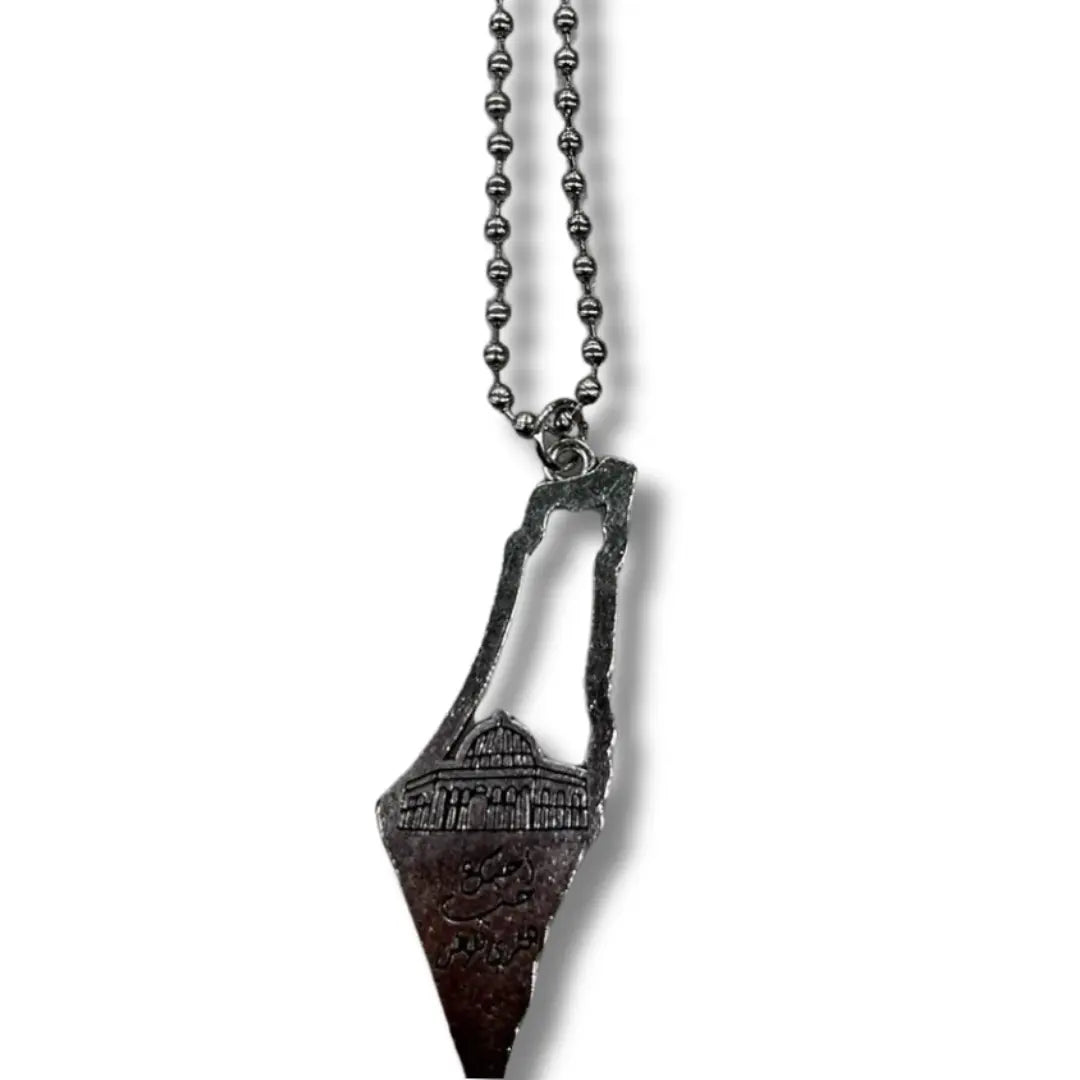 Handmade Palestinian silver necklace featuring detailed map pendant with traditional design