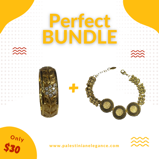 Imitated gold bracelet for weddings bundle with intricate ring and leaf design bracelet by Palestinian Elegance