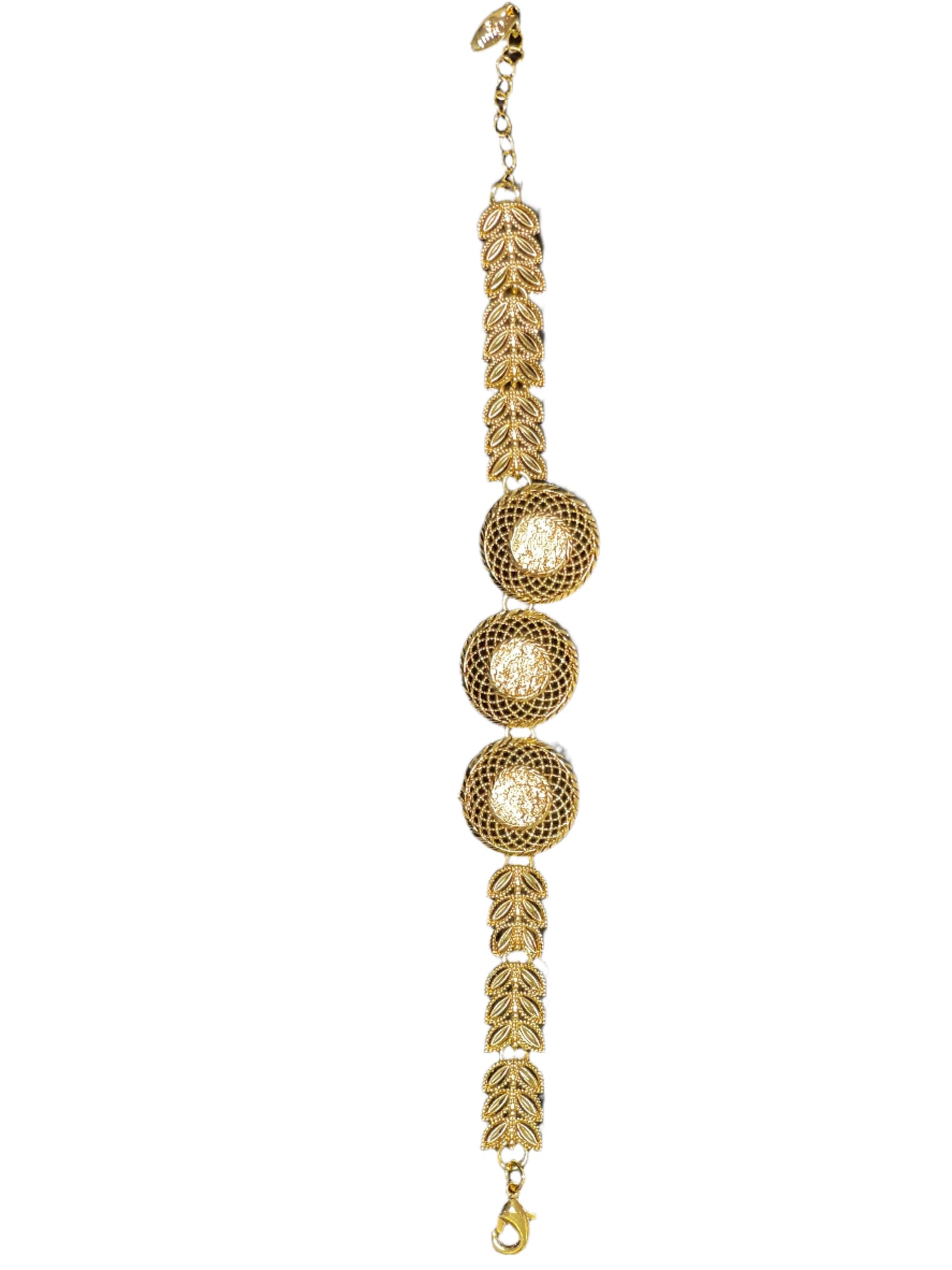 Palestinian Elegance imitated gold bracelet for weddings featuring intricate leaf and circular mesh design