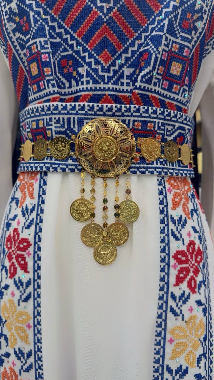 Palestinian Elegance imitated gold lera waist belt with intricate coin and floral designs on traditional embroidered dress