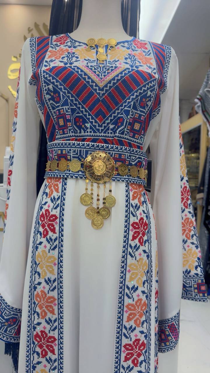 Palestinian Elegance traditional dress featuring imitated gold lera waist belt with intricate coin details