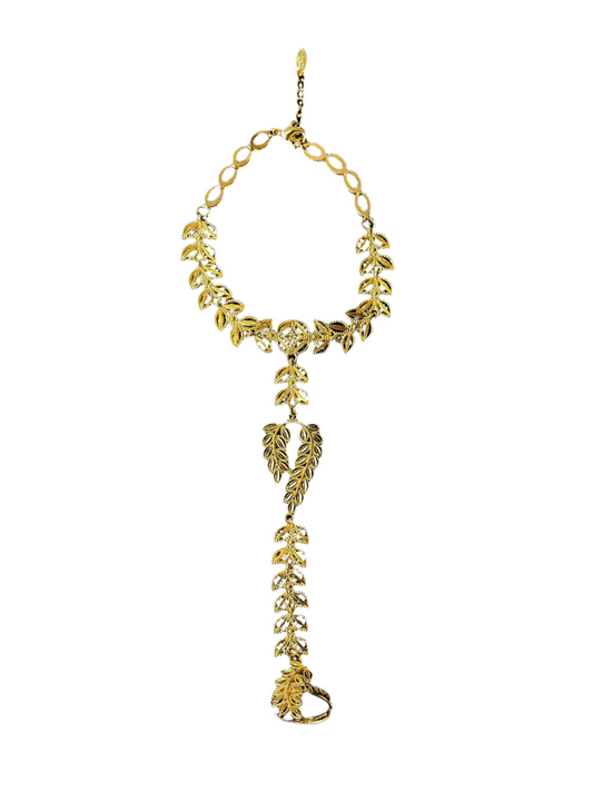 Palestinian Elegance imitation gold bracelet ring set with intricate leaf design and adjustable chain