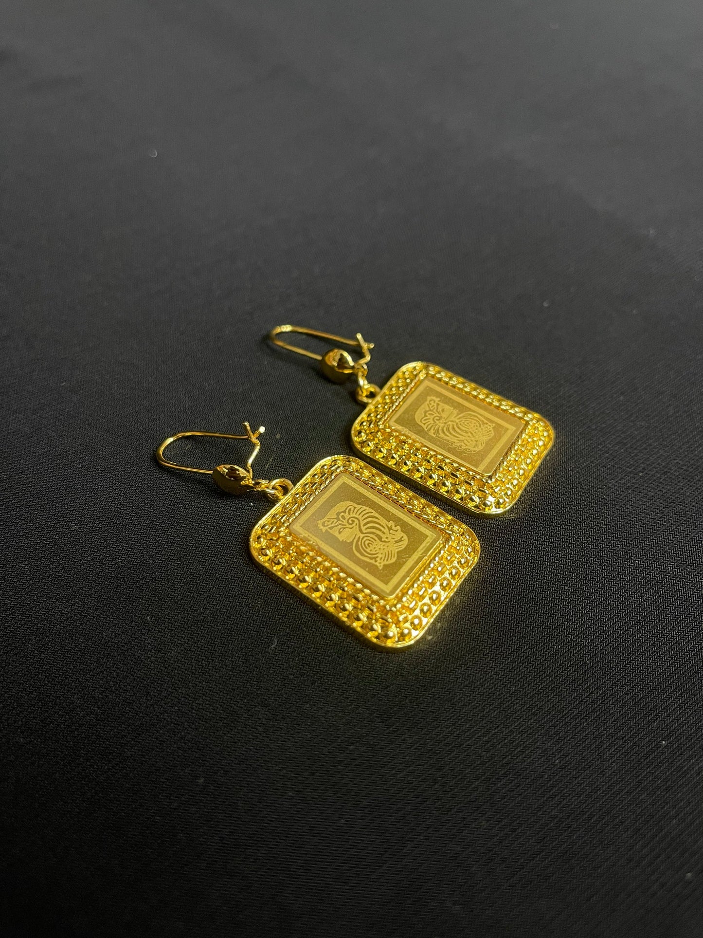Palestinian Elegance imitation gold earrings for women with intricate rectangular design and detailed border