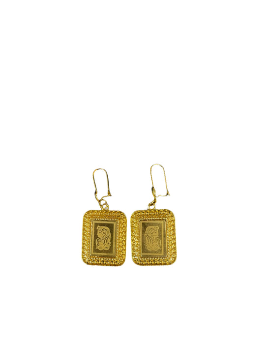 Palestinian Elegance imitation gold earrings for women with intricate rectangular design and hook closures