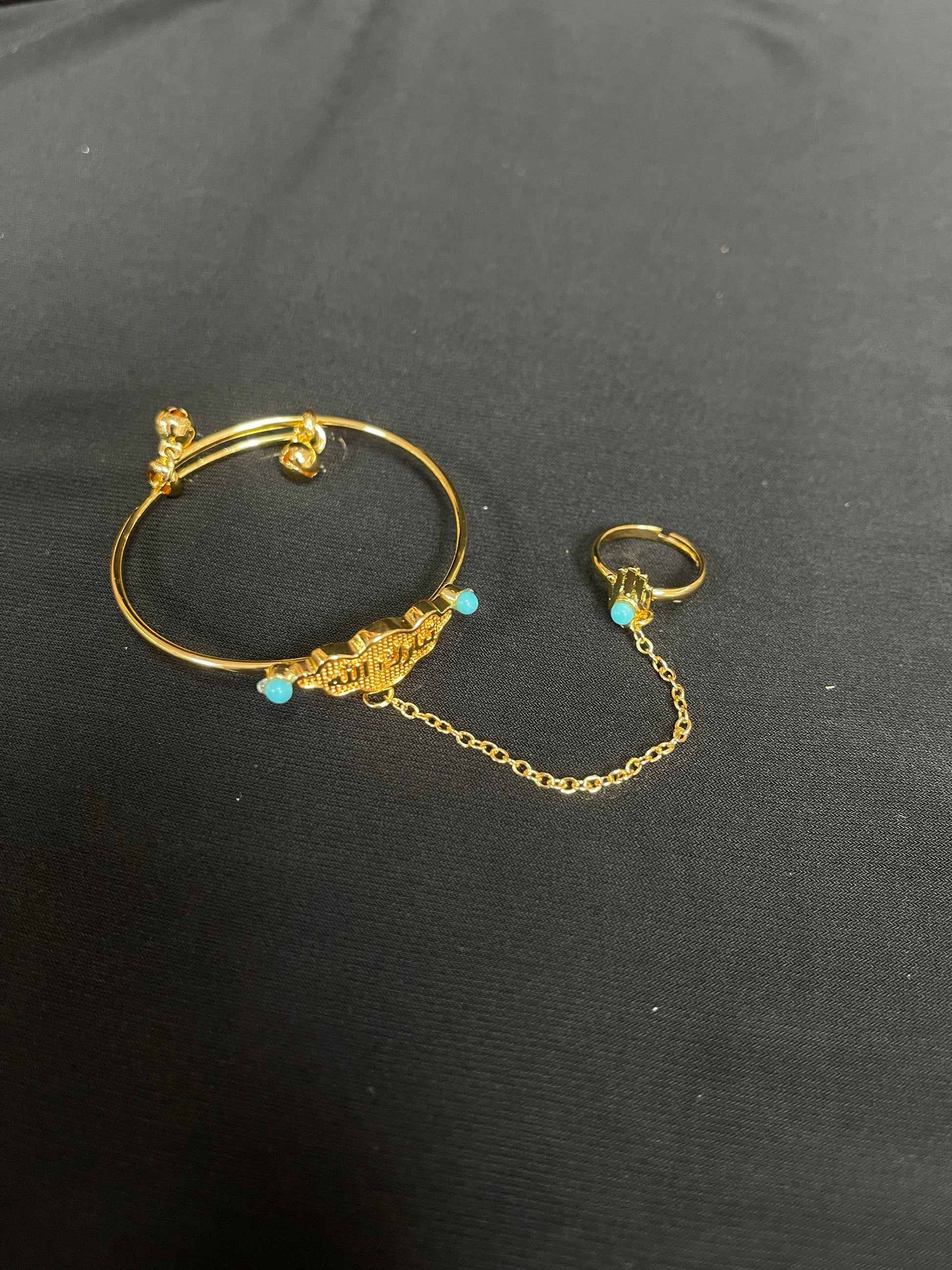 Kids Imitated Gold Bracelet with Ring featuring a delicate chain and turquoise bead accents