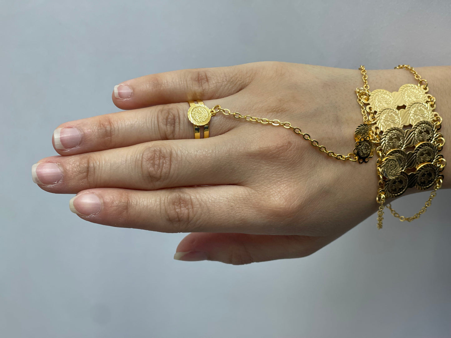 Kids Imitated Gold Bracelet With Ring Set featuring gold coin design on hand with linked chain