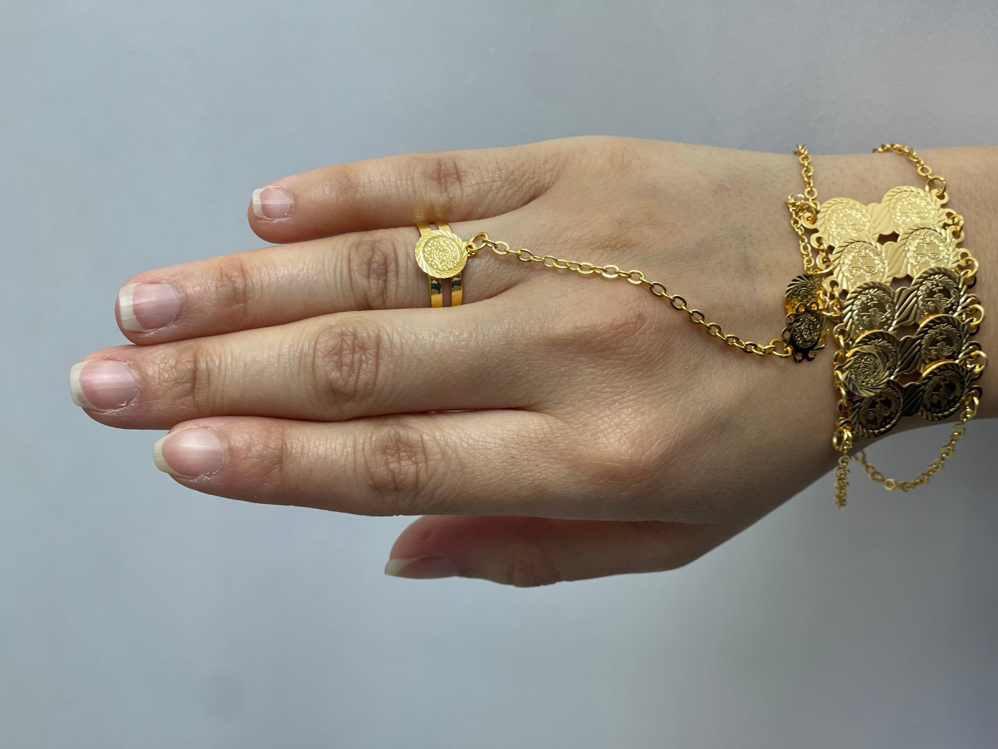 Kids Imitated Gold Bracelet With Ring Set featuring gold coin design on hand with linked chain