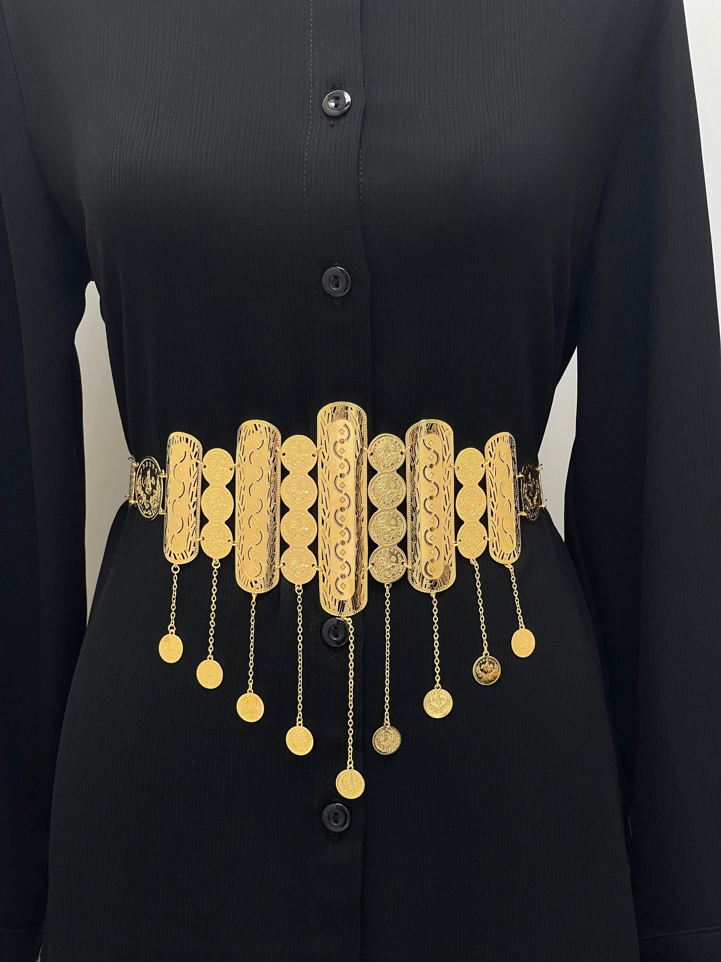 Kurdish gold belt for women by Palestinian Elegance in imitated gold with intricate designs and hanging coin details