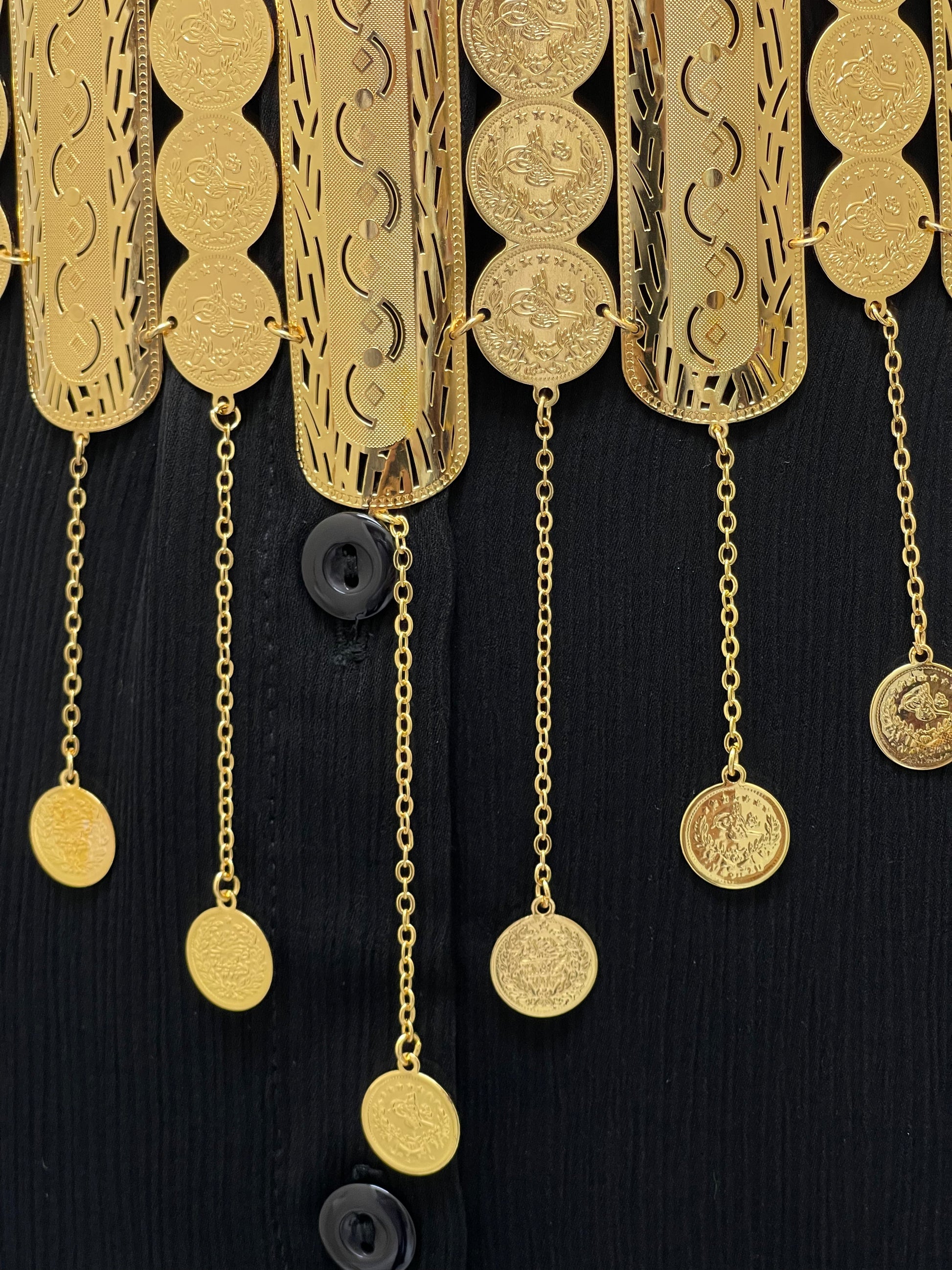 Kurdish gold belt for women made of imitated gold by Palestinian Elegance with detailed coin designs