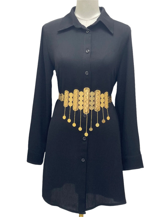 Kurdish gold belt for women in imitated gold by Palestinian Elegance styled on black dress