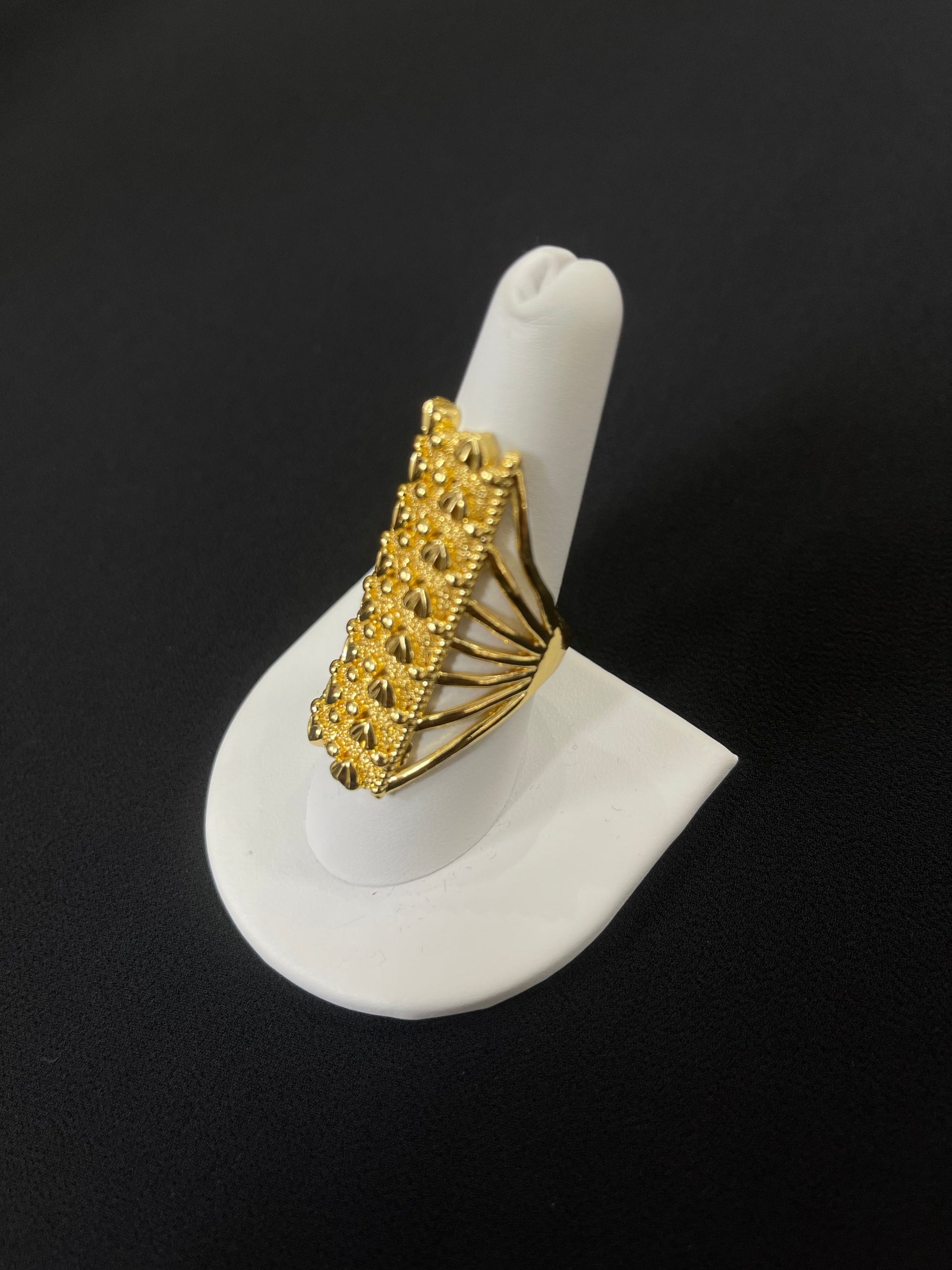 Palestinian Elegance imitated gold Layered Ring with Double Rowed Hearts on white display stand