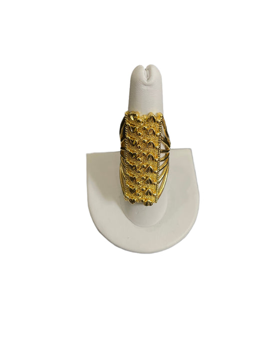 Palestinian Elegance imitated gold Layered Ring with Double Rowed Hearts displayed on a white ring stand