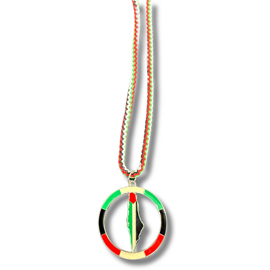 Palestine flag necklace from Palestinian Elegance with circular pendant and multicolor braided cord