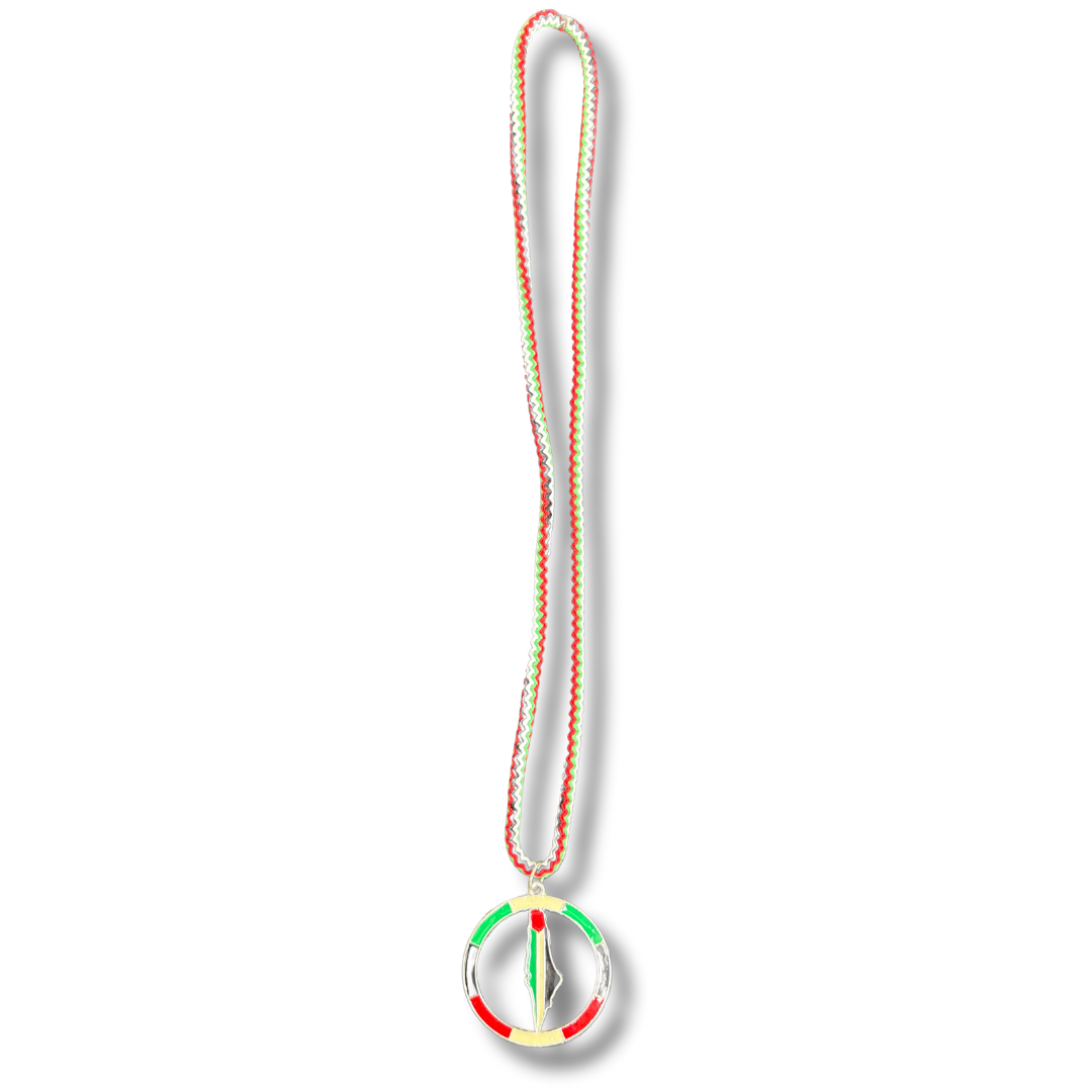 Palestine flag necklace by Palestinian Elegance with red green white colors and peace symbol pendant