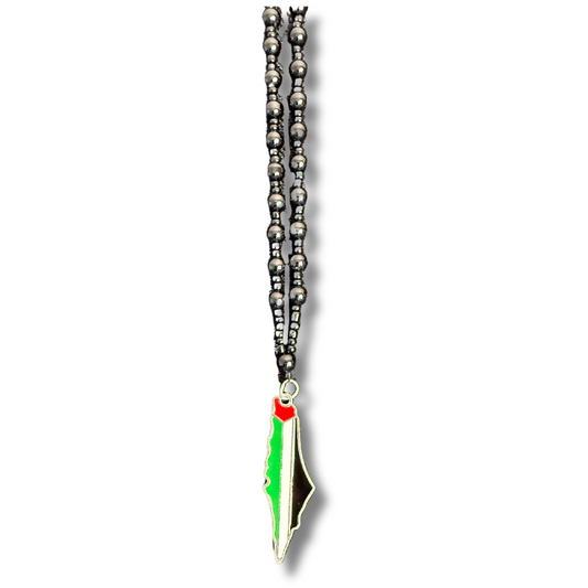 Palestinian black beads necklace with a pendant shaped like the map of Palestine in red, green, white, and black colors