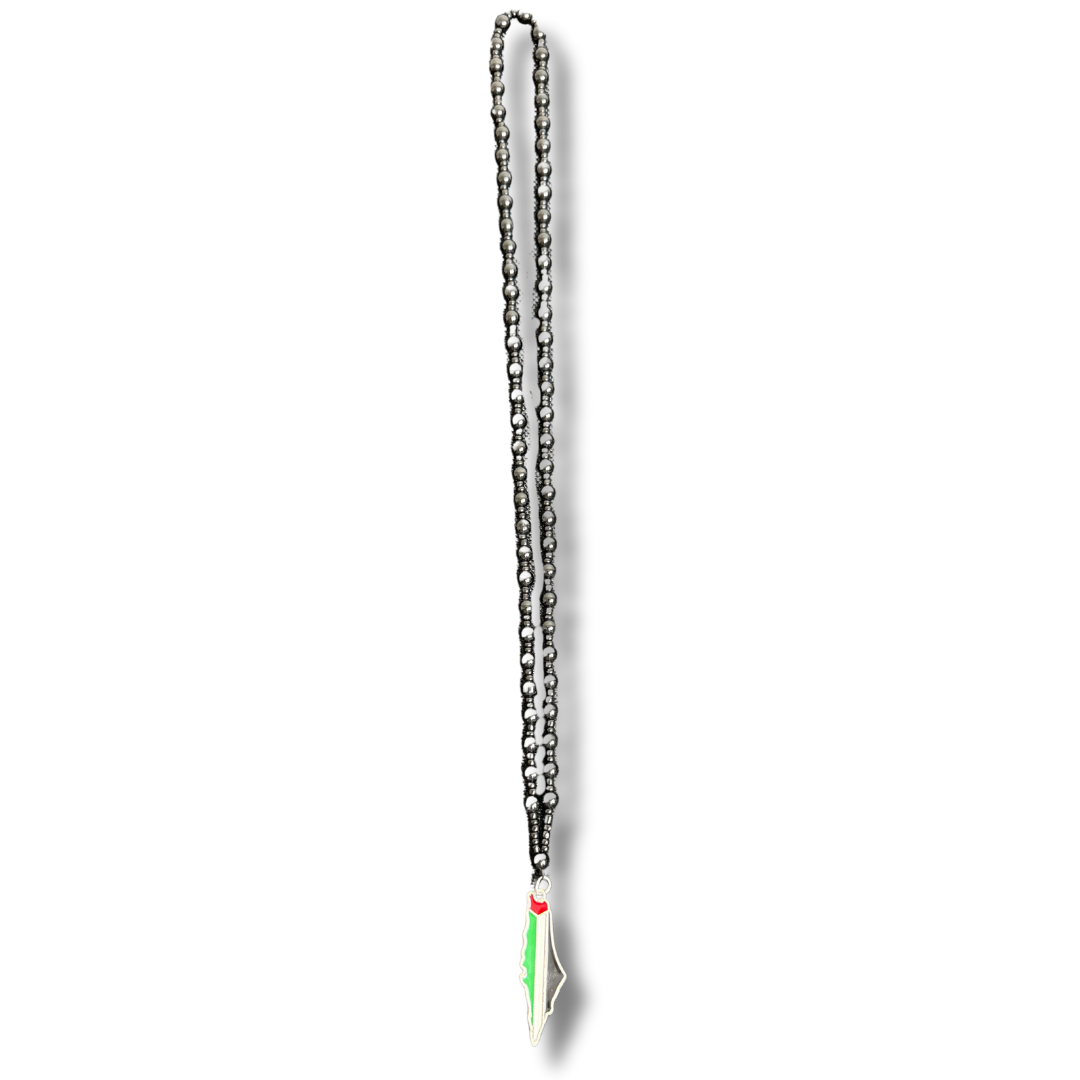 Palestinian black beads necklace with a traditional pendant featuring red, white, and green colors