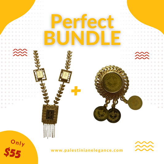 Palestinian Elegance imitated gold half lera necklace set with intricate coin and square pendant design