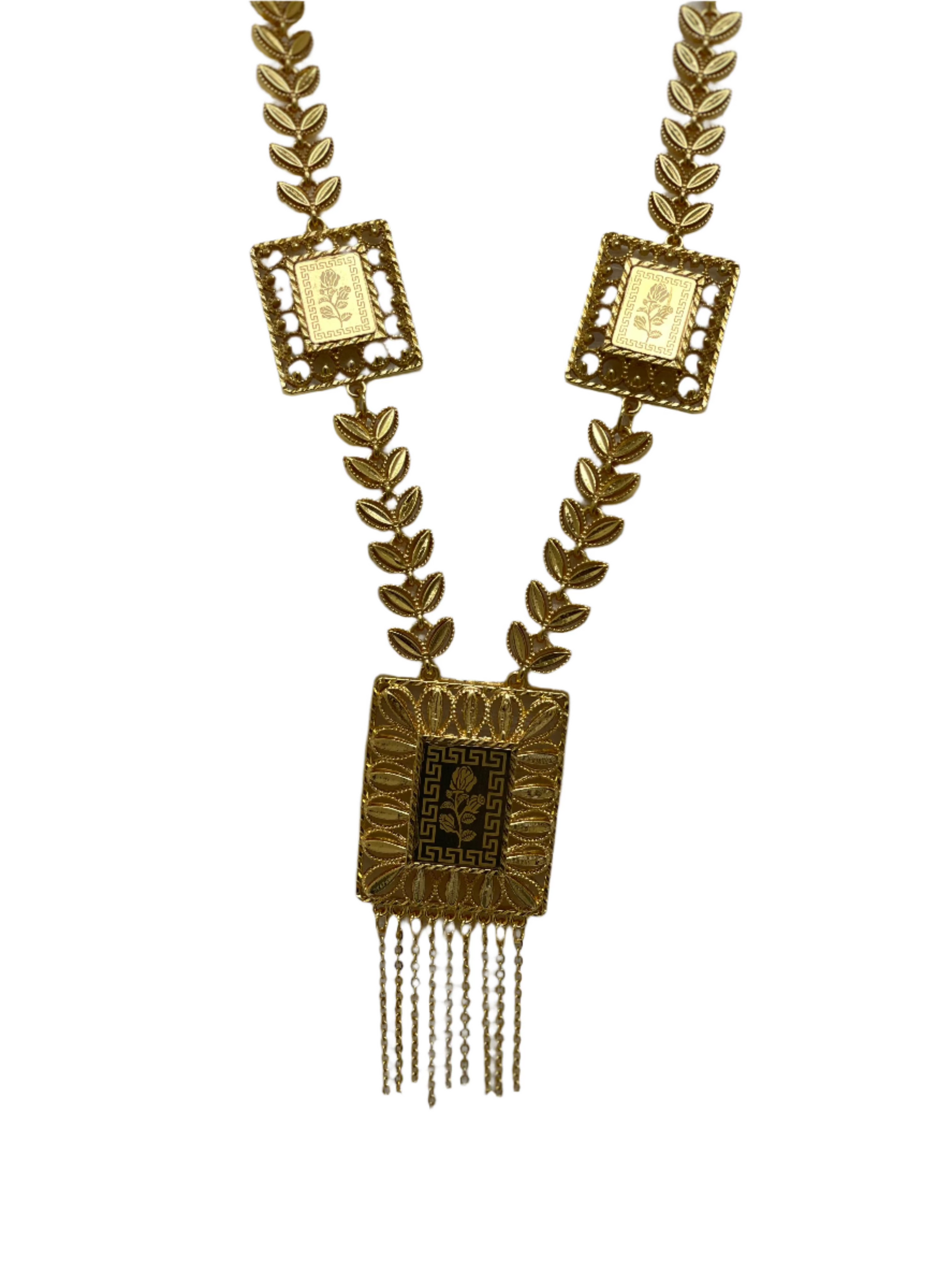 Palestinian Elegance imitated gold half lera necklace set with leaf chain and rectangular pendants