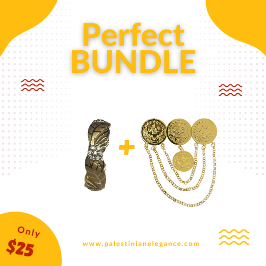 Imitated gold heritage-inspired jewelry bundle from Palestinian Elegance featuring a decorative ring and coin chain brooch