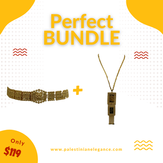 Palestinian Elegance imitated gold belt necklace and matching pendant bundle set elegant jewelry