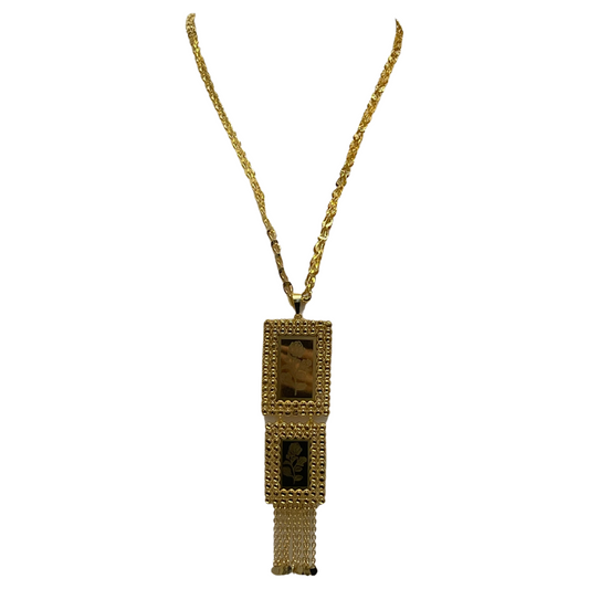 Palestinian embroidered gold necklace with two rectangular pendants and chain tassel detailing