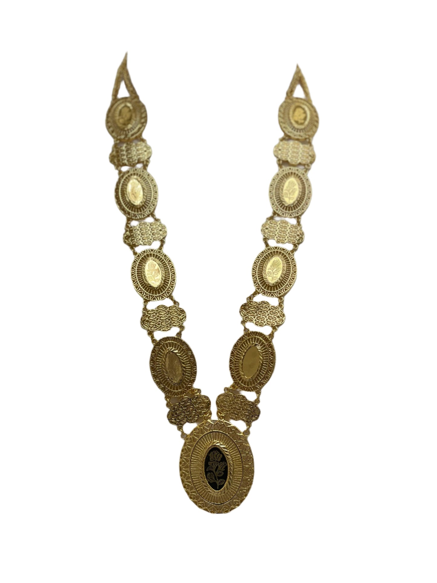 Palestinian embroidered necklace with intricate gold-tone oval medallions and detailed craftsmanship