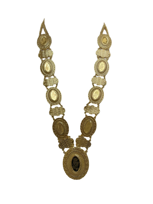 Palestinian embroidered necklace with intricate gold-tone oval medallions and detailed craftsmanship