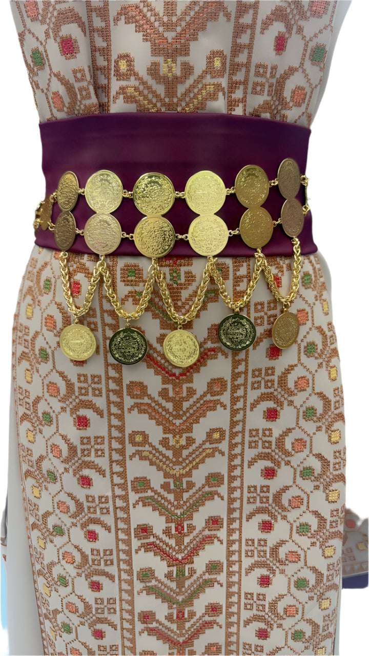 Palestinian Gold Coin-Adorned Zunnar Belt by Palestinian Elegance on traditional embroidered 