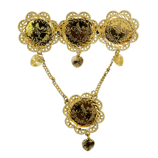 Palestinian gold pin jewelry with intricate floral design and hanging heart charms in gold tone