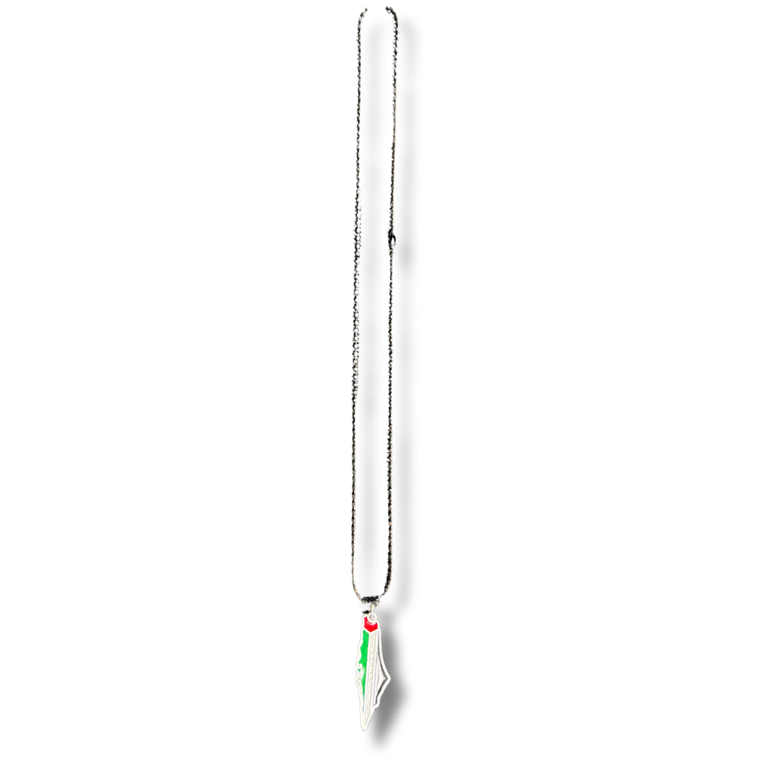 Palestinian map necklace with green and red design on a silver chain by Palestinian Elegance